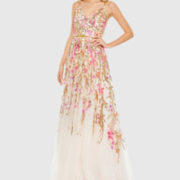 Mac Duggal V Neck Floral Embellished Gown with Flutter Sleeves - Picture 16 of 16